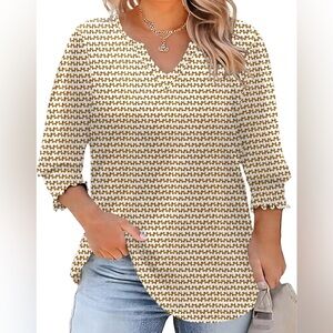 Rapbin 3/4 sleeve brown stripe v neck tunic blouse   smocked sleeve XXL top